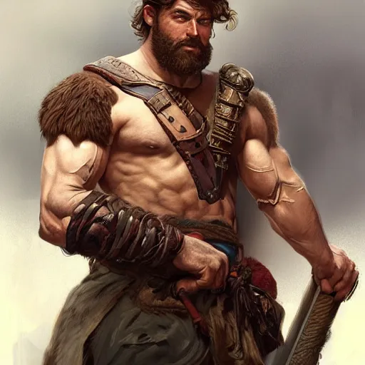 Image similar to portrait of a young rugged male barbarian, handsome, upper body, D&D, muscular, fantasy, intricate, elegant, highly detailed, digital painting, artstation, concept art, smooth, sharp focus, illustration, art by artgerm and greg rutkowski and alphonse mucha