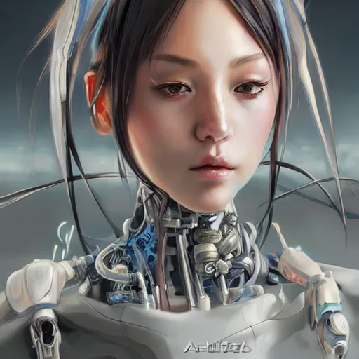 Image similar to a realistic detailed beautiful portrait of a cybernetic oversize anime girl, cyberpunk concept art, digital art, highly detailed, intricate, sci-fi, sharp focus, Trending on Artstation HQ, deviantart, unreal engine 5, 4K UHD image, hyperrealistic, photorealistic, art by artgerm and greg rutkowski and alphonse mucha