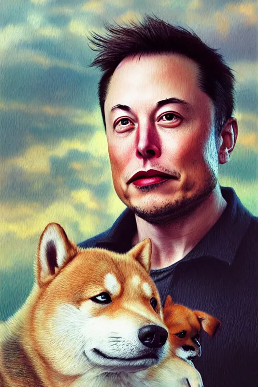 Prompt: photorealistic portrait photograph of elon musk with a shiba inu dog, handsome, depth of field, soft focus, highly detailed, intricate, realistic, national geographic cover, soft glow, textured, artstation, concept art, sharp focus, illustration, art by artgerm and greg rutkowski and alphonse mucha