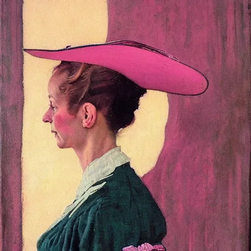 Image similar to Frontal portrait of a pink witch. A painting by Norman Rockwell.