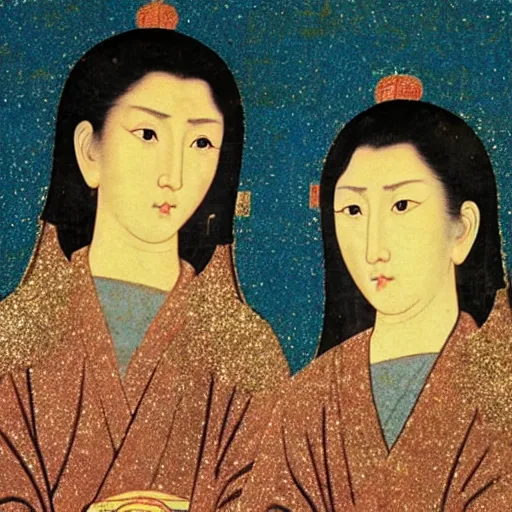 Image similar to portrait of 2 asian looking girls in iconography style andrei rublev glitter chinese ornament background