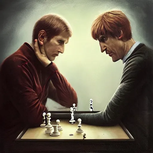 Prompt: intense moments from the match between bobby fischer vs boris spassky, by tom bagshaw