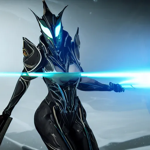 Image similar to photograph of mag!!!!!!!! warframe holding a katana!!!!!!!, 8k resolution, high detail, ULTRA REALISTIC VFX, reflections