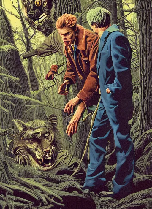 Prompt: Twin Peaks poster art, of Michael Shannon the mechanic discovering a man dressed as a Furry in the woods, mysterious creepy, poster artwork by Gerald Brom, James Edmiston, Michael Whelan, Bob Larkin and Tomer Hanuka, Kilian Eng, Ed Emshwiller, Glenn Fabry, Hal Foster, Kelly Freas, Greg Hildebrandt, Joe Jusko, Martine Johanna, Scott Listfield, Chris Moore, Simon Stalenhag, Jeffery Smith, from scene from Twin Peaks, simple illustration, domestic, nostalgic, from scene from Twin Peaks, clean, full of details, by Makoto Shinkai and thomas kinkade, Matte painting, trending on artstation and unreal engine, super clean, fine detail, cell shaded,