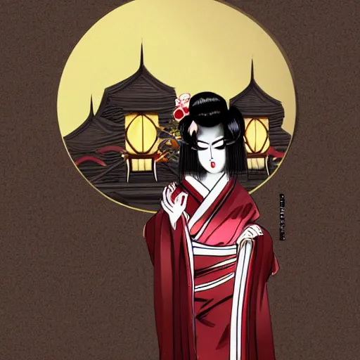 Image similar to full body photo of demon geisha, beautiful, scary, yokai, cinematic, high detail,