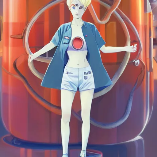 Image similar to British Pokemon original character with wild peach colored hair and heterochromia, Pixar style, beautiful woman, scientist, standing in a lab in front of a giant containment liquid filled tank, by Tristan Eaton Stanley Artgerm and Tom Bagshaw, Makoto Shinkai ilya kuvshinov and Wojtek Fus