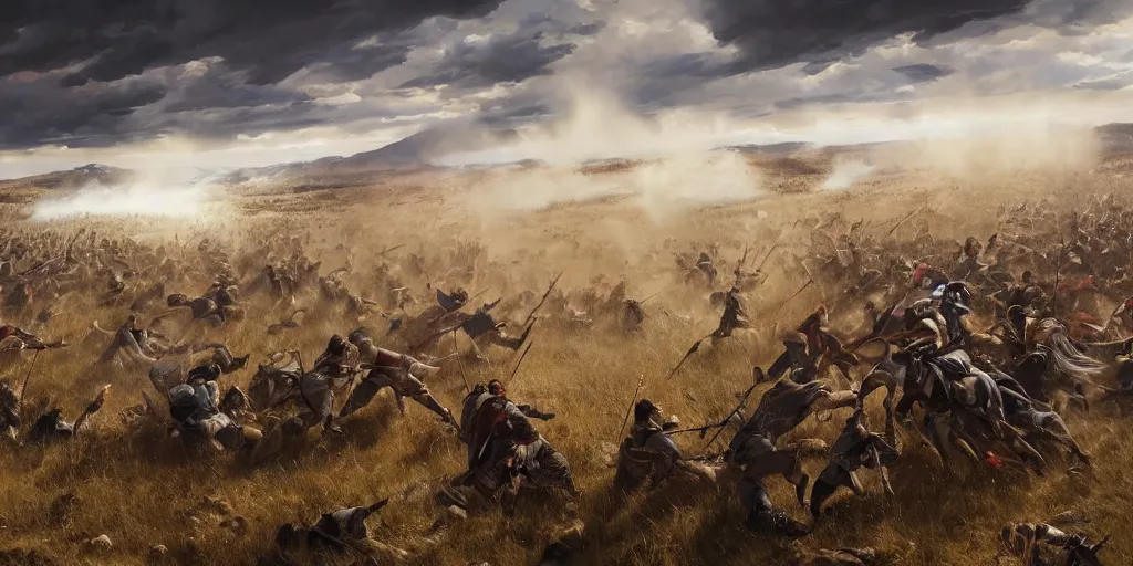 Image similar to wide - angle action shot from the battle of little bighorn, majestic action, cinematic lighting, dramatic lighting, hyperdetailed, artstation, cgsociety, 8 k
