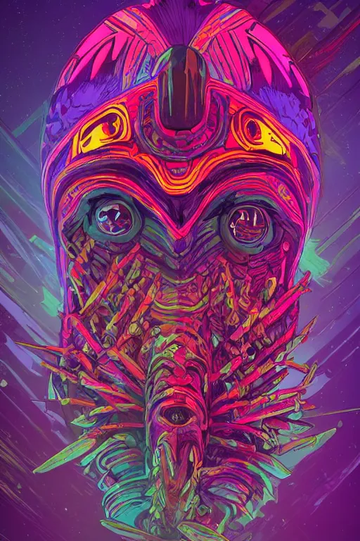 Image similar to totem animal tribal chaman vodoo mask feather gemstone plant wood rock video game illustration vivid color borderlands by josan gonzales and dan mumford radiating a glowing aura global illumination ray tracing