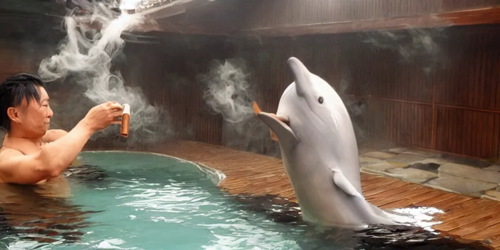 Prompt: photo of Yakuza dolphin in a onsen smoking a cigar