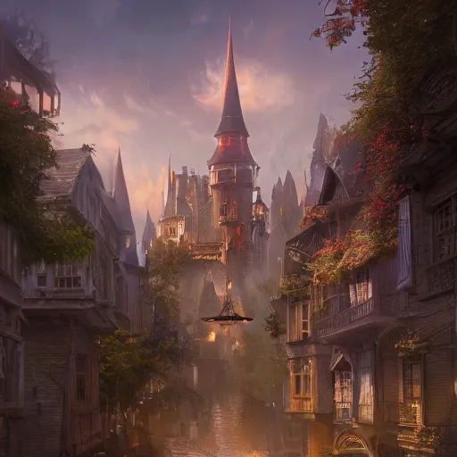 Prompt: little magical town for wizards and people with magic, realistic, 8 k, extremely detailed, cgi, trending on artstation, hyper - realistic render, by greg rutkowski