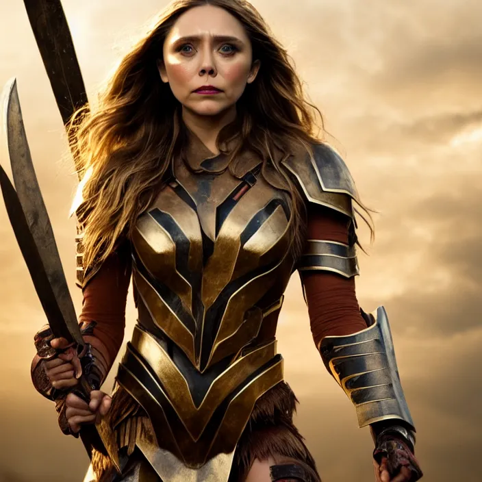 Image similar to professional full length photograph of elizabeth olsen as an amazon warrior. Extremely detailed. 8k