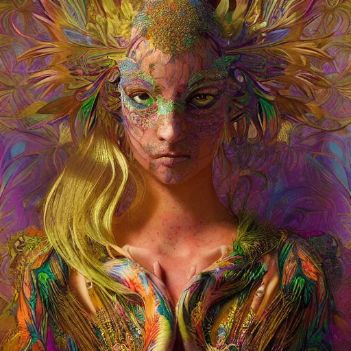 Image similar to A reality bending psychedelic ayahuasca experience, colorful, distorted, surreal, tropical bird feathers, dramatic lighting on the face, intricate lace, elegant fabric, highly detailed jewelry, digital painting, concept art, smooth, sharp focus, illustration, art by Krenz Cushart and Wayne Barlowe and alphonse mucha