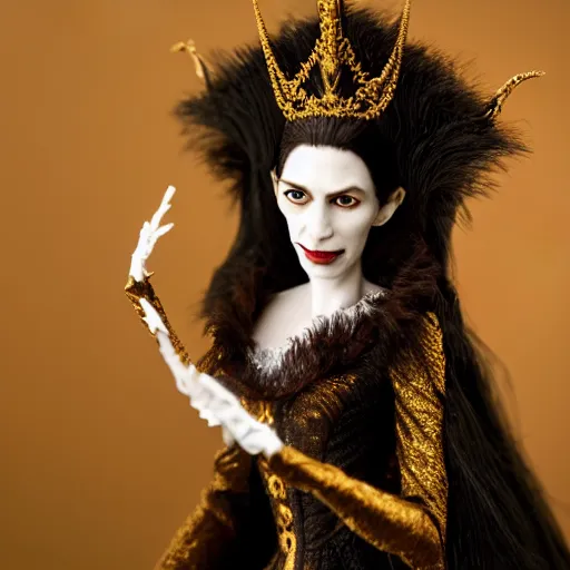 Image similar to photo taken of an epic intricate, ultra detailed, super realistic stop motion puppet of a majestic gracious regal aristocratic brunette female vampire created by weta workshop, menacing, wide angle, full body shots, photorealistic, sharp focus, white wall, extremely cold blueish colour temperature, 3 5 mm, f 1. 4, golden ratio