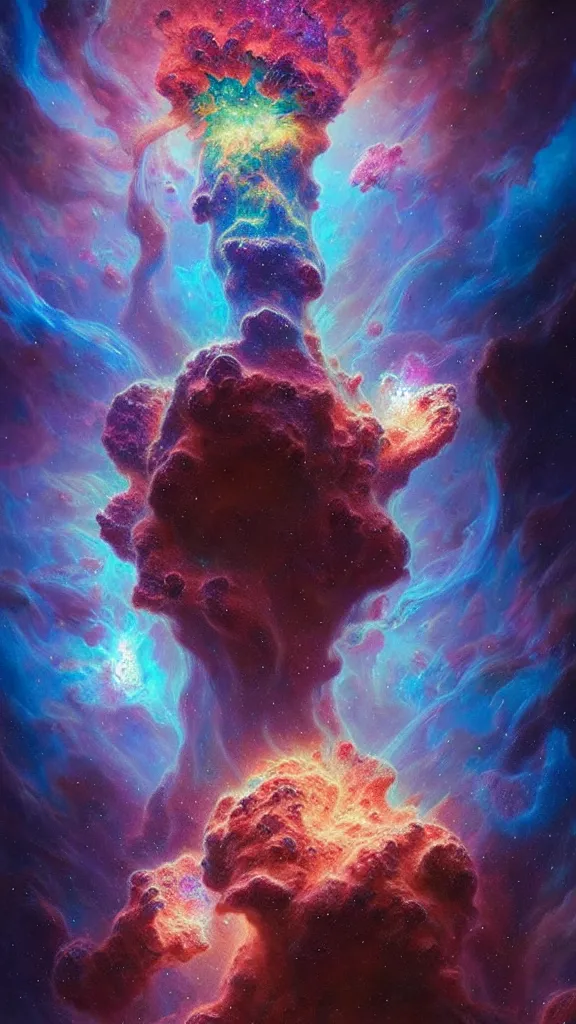 Image similar to psychedelic transcendent puffs! of smoke explosion, space, supernova, nebulae, pillars of creation, enlightenment, high contrast lighting, highly detailed, concept art, art by collier, albert aublet, krenz cushart, artem demura, alphonse mucha