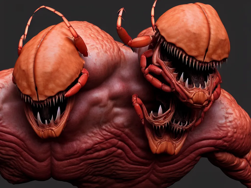 Image similar to doom, crustacean, isopod, muscular body, chiroptera head, chiroptera ears, big sharp teeth, hyperrealism, artstation, cgsociety, zbrush, no background