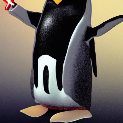 Image similar to the jedi penguin, penguin wearing jedi robes and holding a lightsaber, penguin holding lightsaber in its flipper