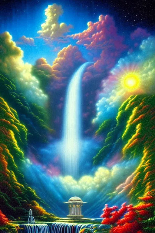 Prompt: a photorealistic detailed cinematic image of a beautiful vibrant iridescent future for human evolution, spiritual science, divinity, utopian, cumulus clouds, ornate waterfall, isometric, by david a. hardy, kinkade, lisa frank, wpa, public works mural, socialist