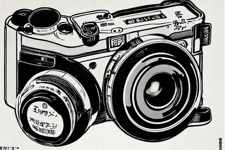 Prompt: camera advertisment, still life, 1 9 7 0 s japan shouwa advertisement, print, nostalgic