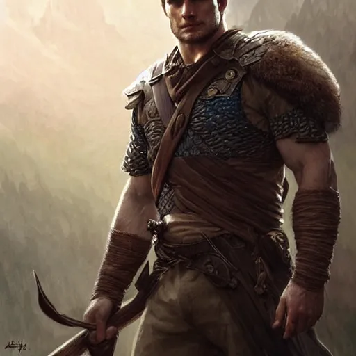 Image similar to Henry Cavill is a rugged ranger, D&D, muscular, bare thighs, fantasy, intricate, elegant, highly detailed, digital painting, artstation, concept art, smooth, sharp focus, illustration, art by artgerm and greg rutkowski and alphonse mucha