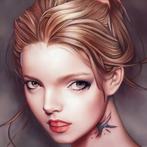 Image similar to tattoo design, beautiful portrait of a girl looking up and to the right by artgerm, artgerm