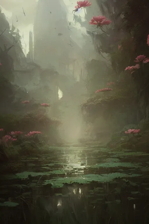 Image similar to beautiful digital matte painting of lilies by greg rutkowski artstation