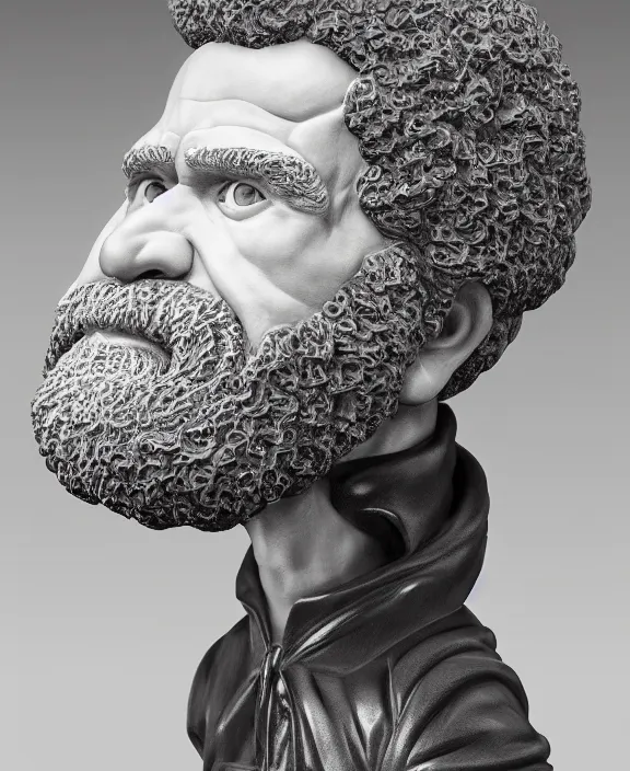 Image similar to a hyper-detailed marble statue of Bob Ross; anatomically correct; an extraordinary masterpiece!!!; flawless; fearful posture; photorealistic eyes; trending on artstation; f/1.4; 90mm