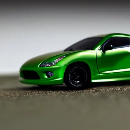 Image similar to a woman driving a Jada toys mitsubishi eclipse green diecast car, high resolution macro photo, viewed through the cars window