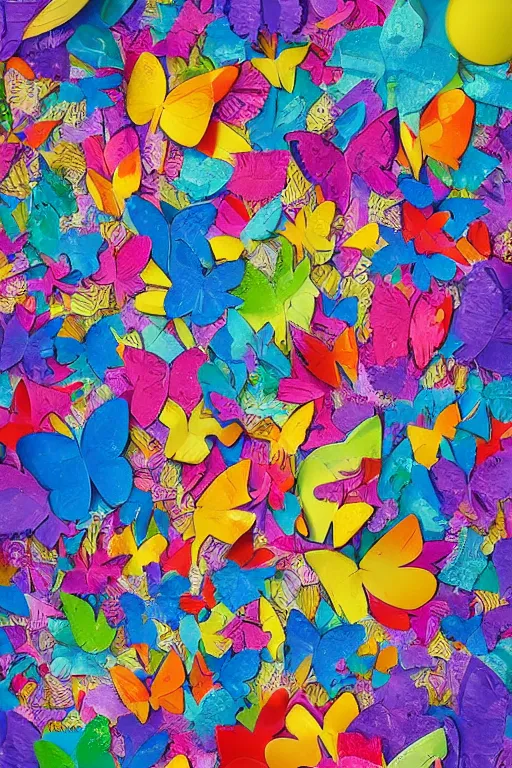 Image similar to detailed illustration, a confetti background, collage, may gibbs, layered composition, layers, texture, textured, layered, sculpted, dynamic, 🦋, 🎈,