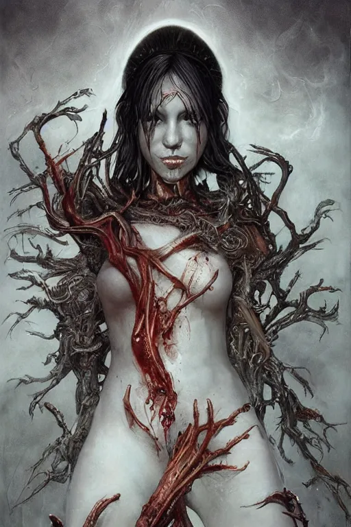 Image similar to an epic goddess with 4 arms holding a ceremonial athame in the air,beautiful and terrifying,melting,sinew,full character design,8k,by Stanley Artgermm,Tom Bagshaw,Gerald Brom,Carne Griffiths,Ron English,Linsey Levendall,Giger,trending on DeviantArt,face enhance,hyper detailed,minimalist,horror,full of colour,cinematic,dynamic lighting