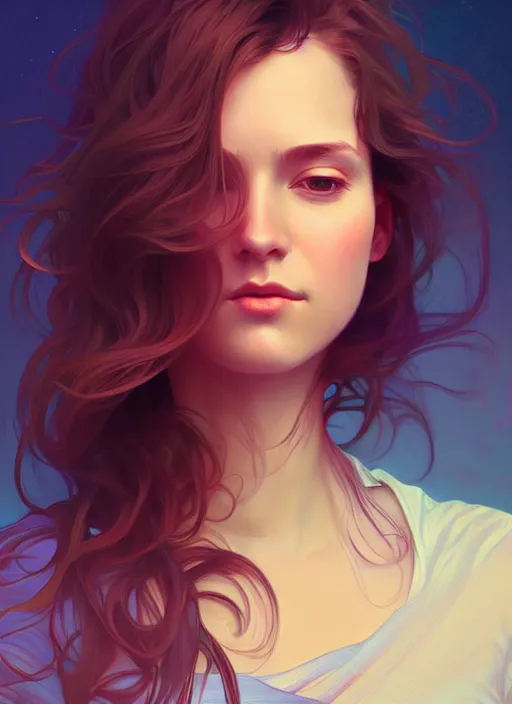 Image similar to handsome young women with shoulder length brown hair, half body shot, path traced, highly detailed, high quality, digital painting, alena aenami, lilia alvarado, shinji aramaki, karol bak, alphonse mucha, tom bagshaw