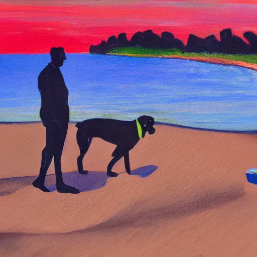 Prompt: a fauvist painting of a man and a black dog digging a hole on a danish beach at sunset