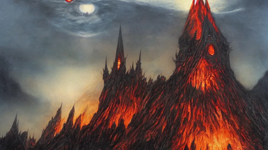 Image similar to darkness over morder, flaming eye of sauron seen in the dark clouds above. by alan lee, intricate, lord of the rings calendar, smooth, detailed terrain, oil painting, trending artstation, concept art, matte painting