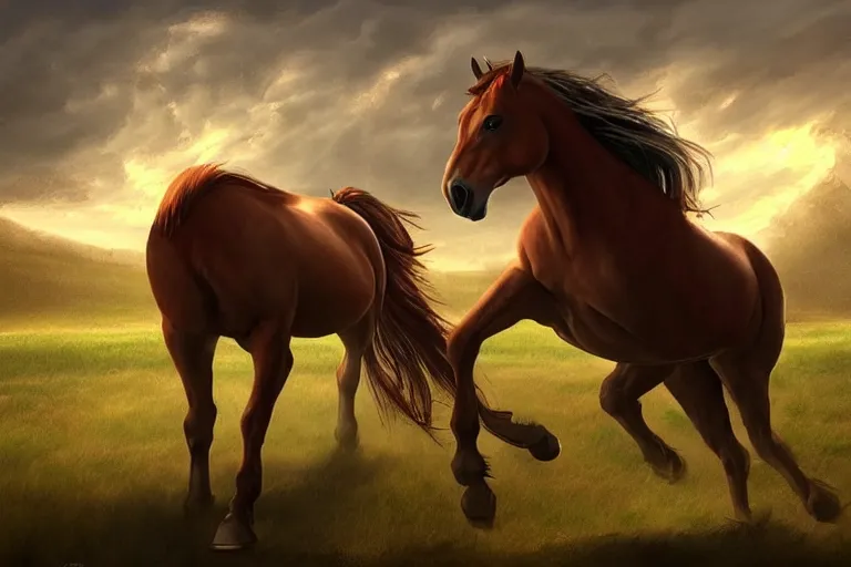 Image similar to A horse attempting to solve a jigsaw puzzle!!!, looking confused, cinematic lighting, evening light, stables, digital painting, volumetric light, concept art, trending on artstation