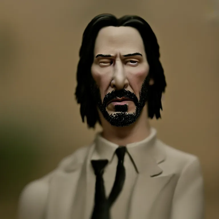 Image similar to a cinematic film still of a claymation stop motion film starring keanu reeves, portrait, shallow depth of field, 8 0 mm, f 1. 8