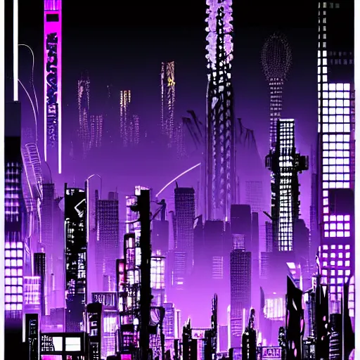 Image similar to Cyberpunk neon Tokyo skyline in style of Tsutomu Nihei in purple and black tones. Cyberpunk, vertical symmetry, 8K, Highly Detailed, Intricate.