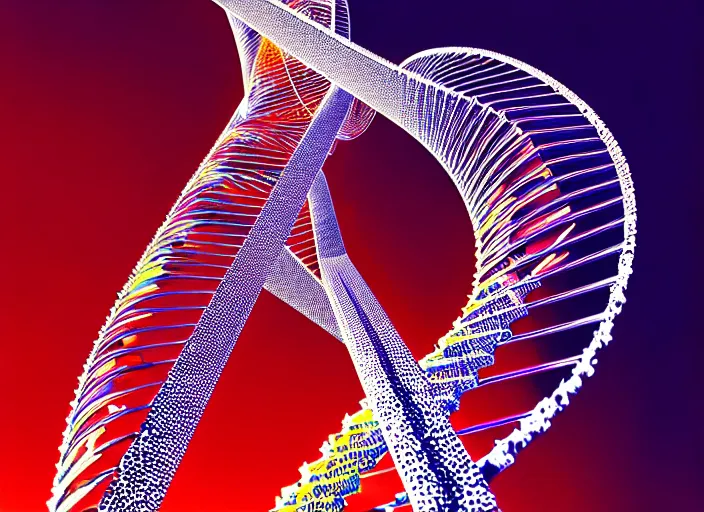 Image similar to portrait of a dna helix, colorful, modern art deco, mads berg, karolis strautniekas, stippled light, fine texture, editorial illustration, dramatic lighting, dynamic composition, detailed, matte print, dynamic perspective