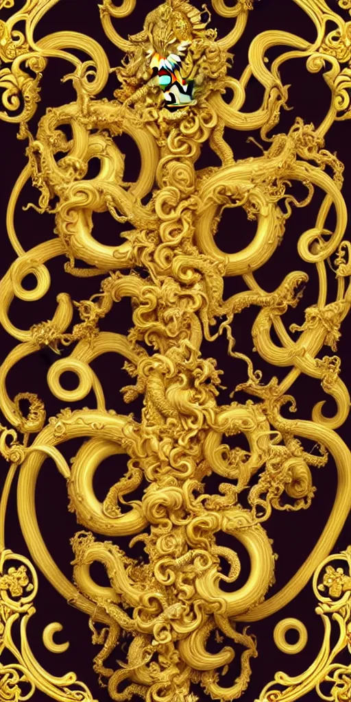 Image similar to the source of future growth dramatic, elaborate emotive Golden Baroque and Rococo styles to emphasise beauty as a transcendental, seamless pattern, symmetrical, large motifs, versace medusa logo, bvlgari jewelry, rainbow liquid splashing and flowing, Palace of Versailles, 8k image, supersharp, spirals and swirls in rococo style, medallions, iridescent black and rainbow colors with gold accents, perfect symmetry, High Definition, photorealistic, masterpiece, smooth gradients, high contrast, 3D, no blur, sharp focus, photorealistic, insanely detailed and intricate, cinematic lighting, Octane render, epic scene, 8K