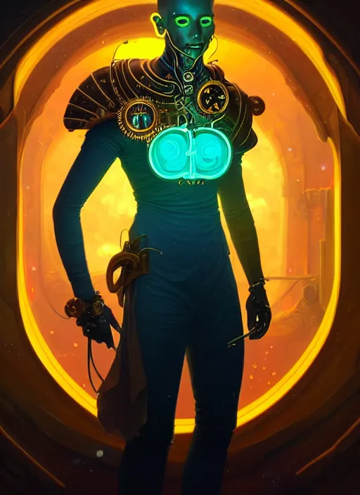 Prompt: a male steampunk faceless glowing liquefied stardust adventurer, dnd fantasy character, full body portrait, glowing neon skin, magical aura, ultra realistic, intricate, elegant, highly detailed, digital painting, artstation, smooth, sharp, focus, illustration, art by artgerm and greg rutkowski and alphonse mucha and dan mumford, sacred geometry, psychedelic