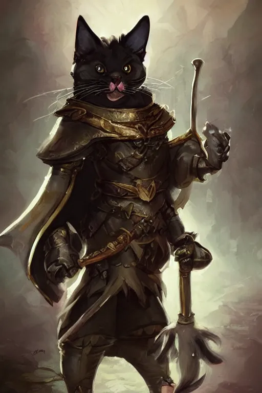 Image similar to cute anthropomorphic tuxedo cat knight wearing a cape and holding a bow, dark armor, cute and adorable, pretty, beautiful, DnD character art portrait, matte fantasy painting, DeviantArt Artstation, by Jason Felix by Steve Argyle by Tyler Jacobson by Peter Mohrbacher, cinematic lighting