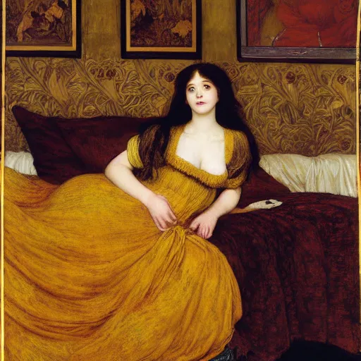 Prompt: preraphaelite photography reclining on bed, a hybrid of judy garland and a hybrid of madame de sevigne and eleanor of aquitaine, aged 2 5, big brown fringe, yellow ochre ornate medieval dress, john william waterhouse, kilian eng, rosetti, john everett millais, william holman hunt, william morris, 4 k