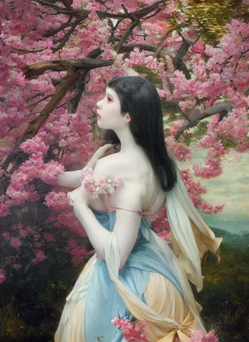 Image similar to Amouranth as an evil princess by Frederick Edwin Church and James Jean, rule of thirds, seductive look, beautiful, in Harajuku Japan during sakura season, masterpiece, Refined