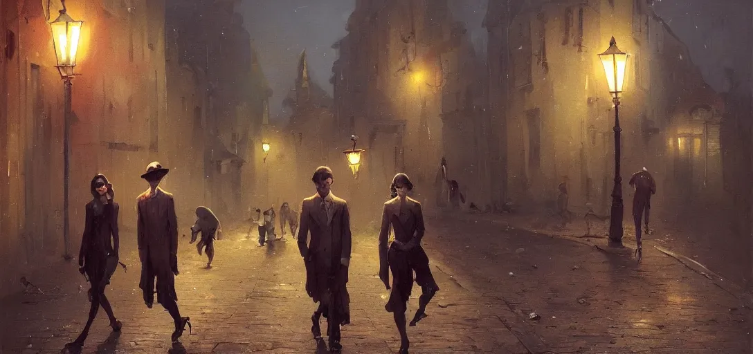 Image similar to a painting of a group of people walking down an old cobbled street at night with street lamps and houses, by Sergey Kolesov, Stanley Artgermm, Tom Bagshaw, Greg Rutkowski, Carne Griffiths, trending on Artstation, 8k, masterpiece, graffiti paint, dishonored, fine detail, full of color, intricate detail