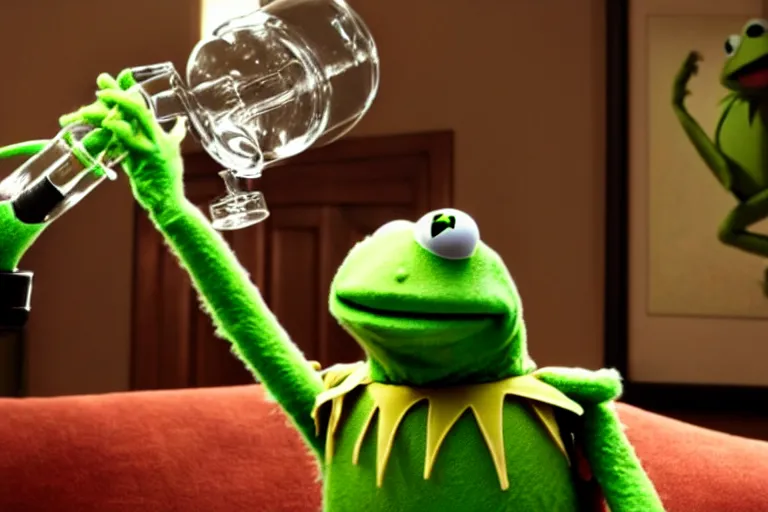 Image similar to candid photo of kermit the frog sitting on the couch hitting a bong, kermit the frog in ted ( 2 0 1 2 ) bong scene, kermit the frog using a bong, kermit smoking weed, bong rip, high resolution photo, trending on artstation, interior design,