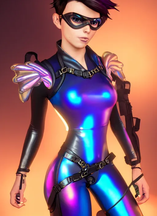 Image similar to portrait bust digital artwork of tracer overwatch, wearing iridescent rainbow latex and leather straps catsuit outfit, 4 k, expressive whistling face, makeup, in style of mark arian, angel wings, wearing detailed leather collar, chains, black leather harness, detailed face and eyes,