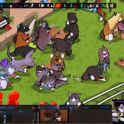 Prompt: In this intricate simulation game, you manage a group of six furries as they try to navigate a furry convention without ultimately ignoring each other.