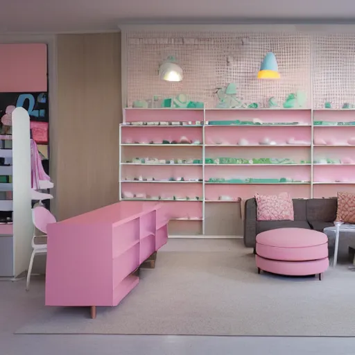 Image similar to An ultra high definition, professional photograph of an IKEA showroom located on a pastel pink beach with pastel pink, dimpled sand where every item is pastel pink. The sun can be seen rising through a window in the showroom. The showroom unit is outdoors and the floor is made of dimpled sand. Morning time indirect lighting with on location production lighting on the showroom. In the style of wallpaper magazine, Wes Anderson.