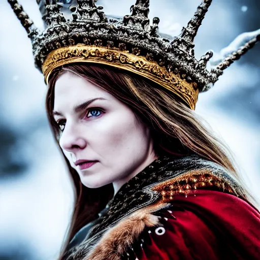 Prompt: photo of a beautiful nordic queen with ornate crown and cloak highly detailed, 4k, HDR, smooth, sharp focus, high resolution