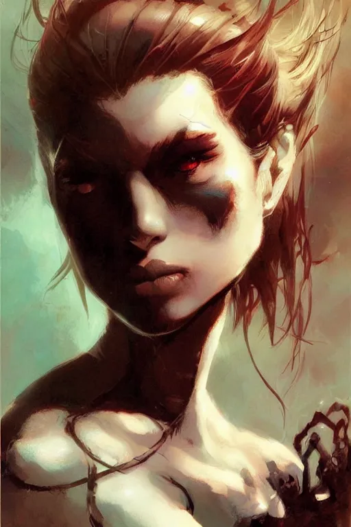 Image similar to a portrait of a cute half spider girl by Frank Frazetta, WLOP and ross tran