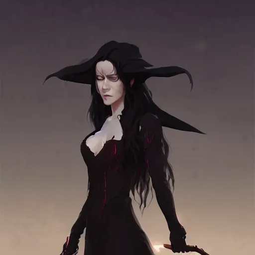 Image similar to female human vampire witch in the style of greg rutkowski, makoto shinkai, trending on artstation, character design, concept art, pretty face, highly detailed, long black hair, portrait, digital art