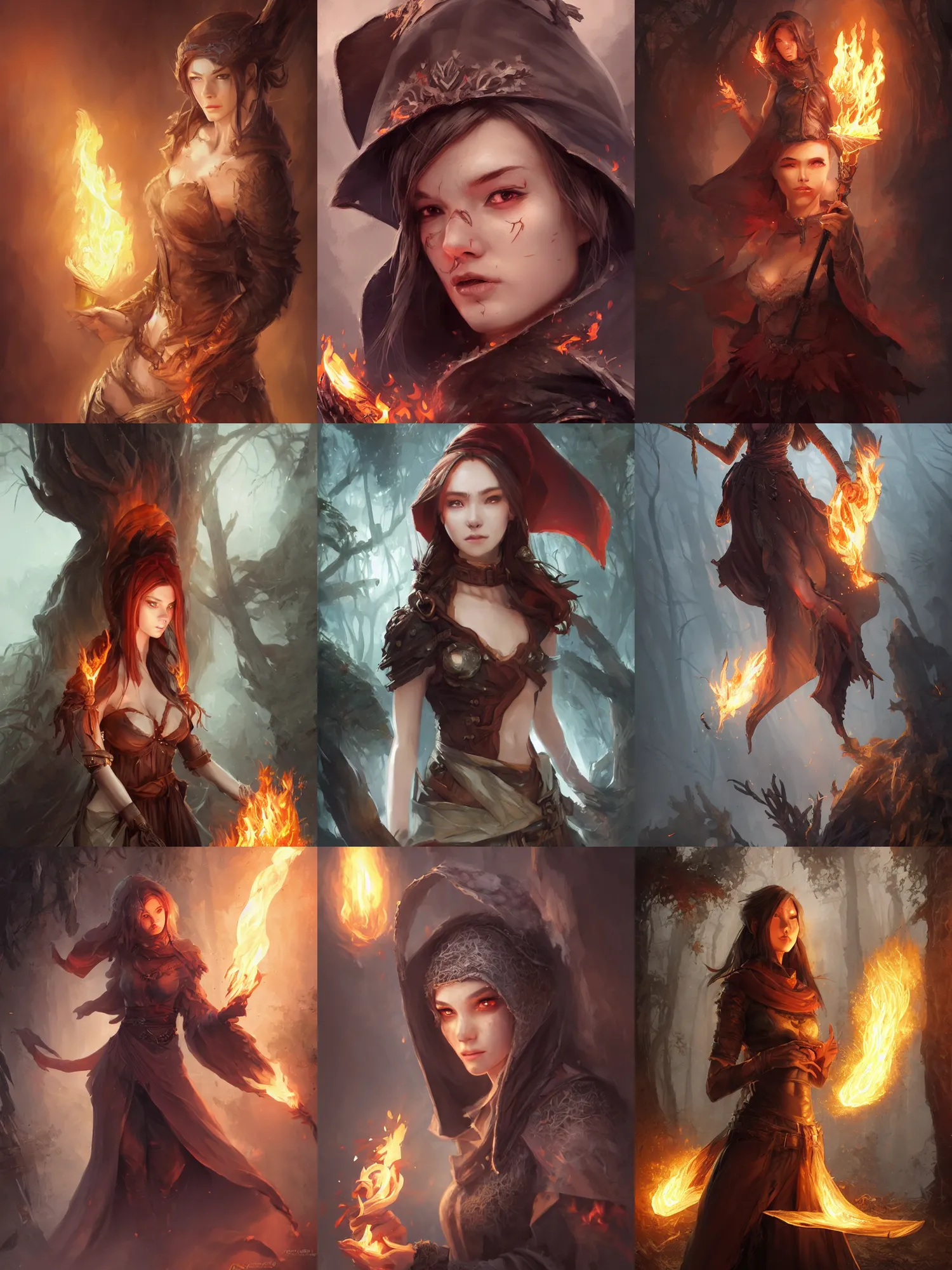 Prompt: character concept art of a dark fantasy female pyromancer, key visual, realistic shaded perfect face, fine details, forest background, smooth, sharp focus, highly detailed, digital illustration, by stanley artgerm lau, wlop, rossdraws, james jean, andrei riabovitchev, marc simonetti, and sakimichan